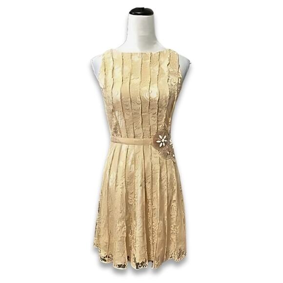Miss Sixty A-Line Dress Lace Nylon Pleated Detailing Keyhole Accents Beige W 2 - Picture 1 of 9